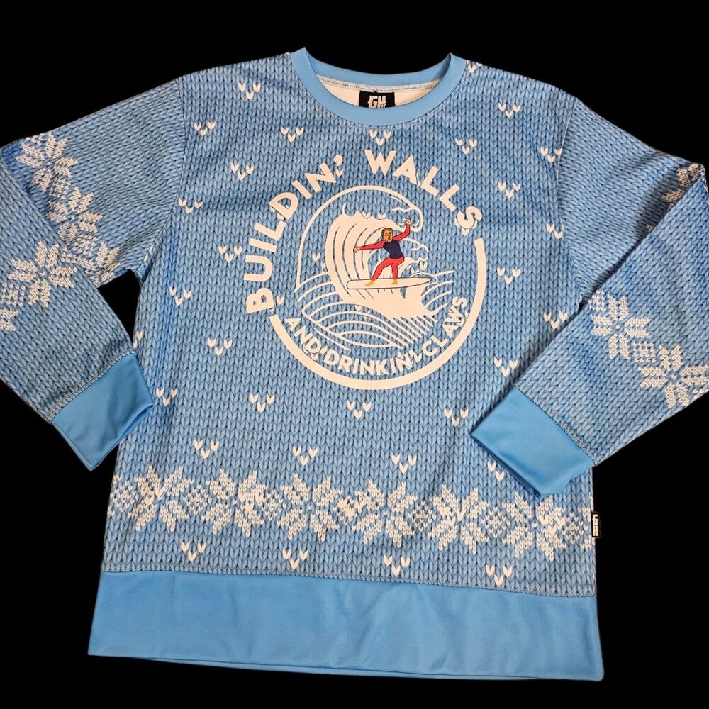 Greater Half Donald Trump Ugly Christmas‎ Sweater White Claw Surfer Blue Sz M